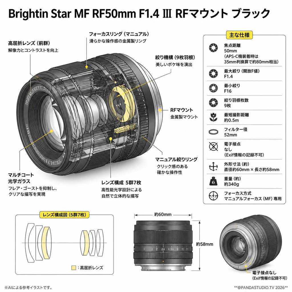 Brightin Star MF RF50mm F1.4 Ⅲ RFマウント ブラック スペック