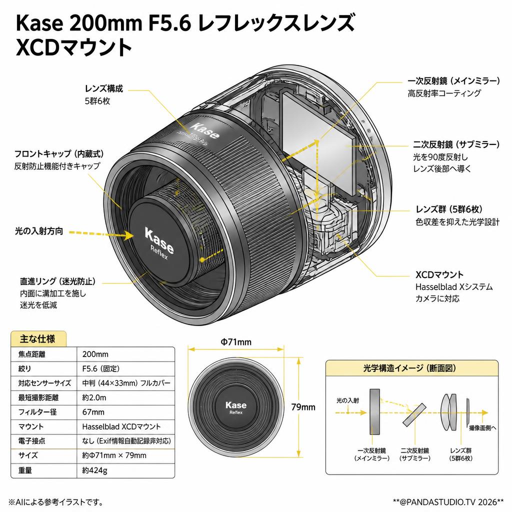 Kase 200mm F5.6 レフレックスレンズ XCDマウント スペック