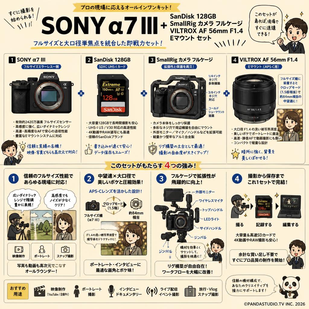 SONY α7 III + SanDisk 128GB + SmallRig カメラ フルケージ + VILTROX AF 56mm F1.4 Eマウント セット 概要