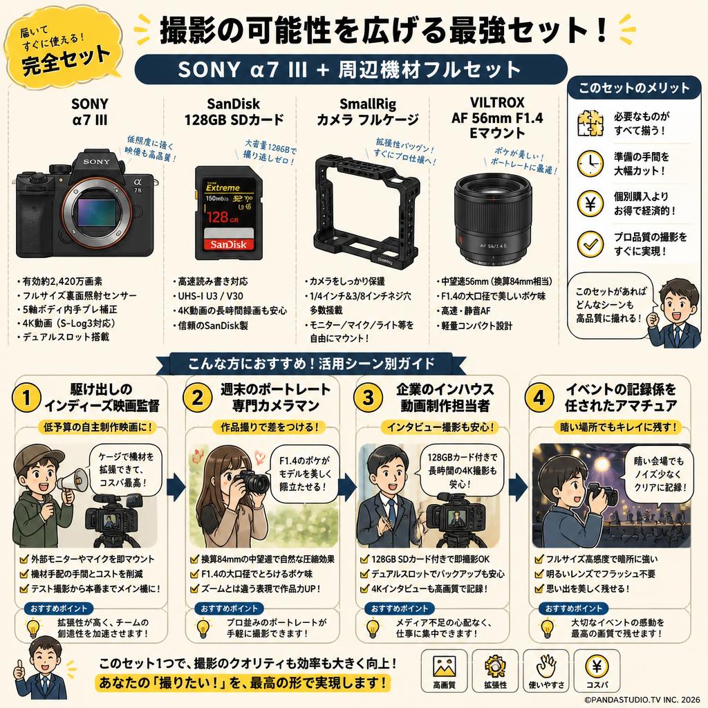 SONY α7 III + SanDisk 128GB + SmallRig カメラ フルケージ + VILTROX AF 56mm F1.4 Eマウント セット おもな対象のお客様