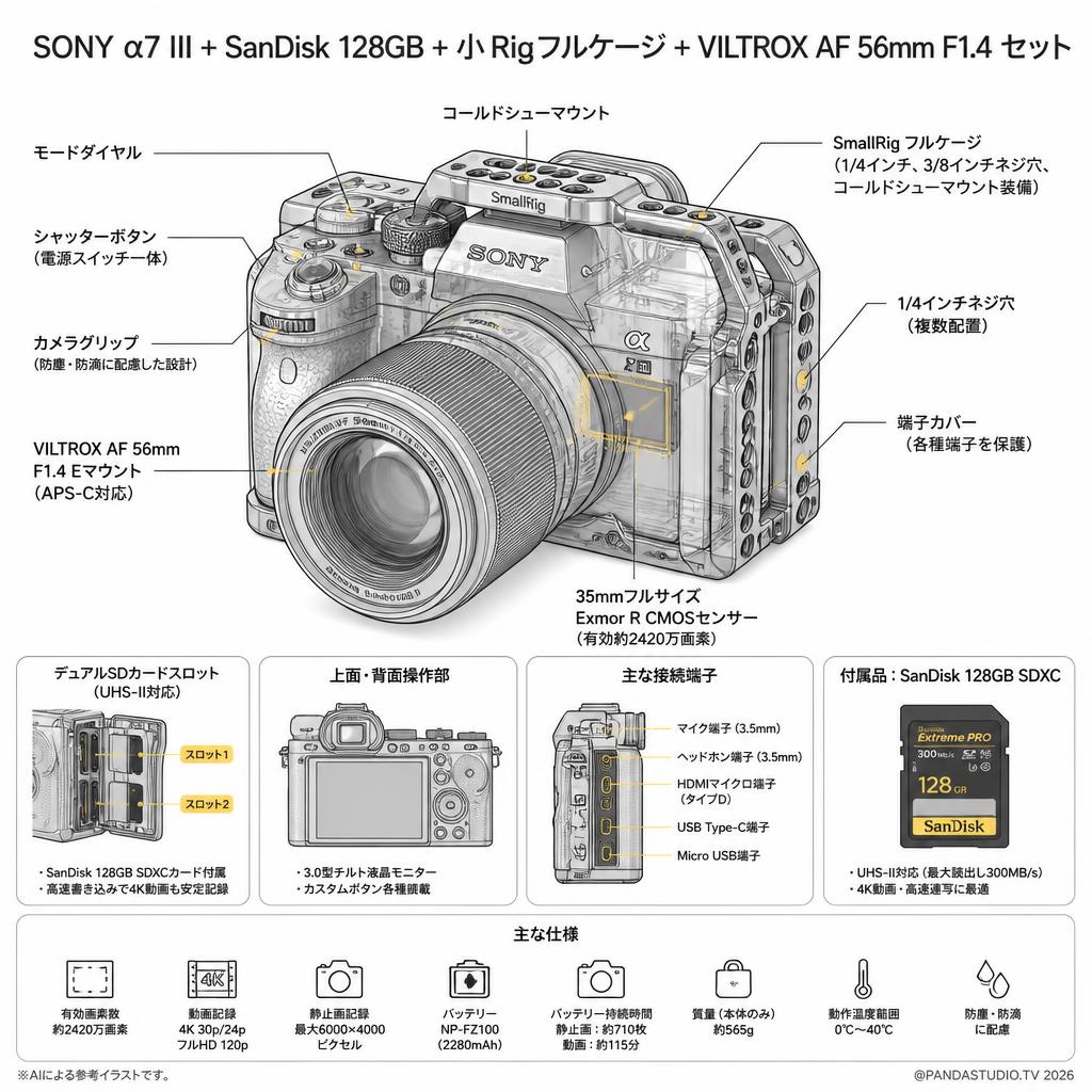 SONY α7 III + SanDisk 128GB + SmallRig カメラ フルケージ + VILTROX AF 56mm F1.4 Eマウント セット スペック