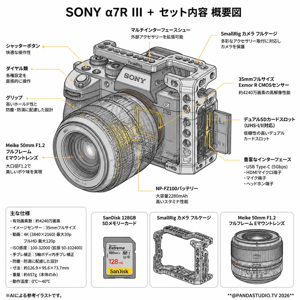 SONY α7R III + SanDisk 128GB + SmallRig カメラ フルケージ + Meike 50mm F1.2 フルフレーム Eマウント セット スペック