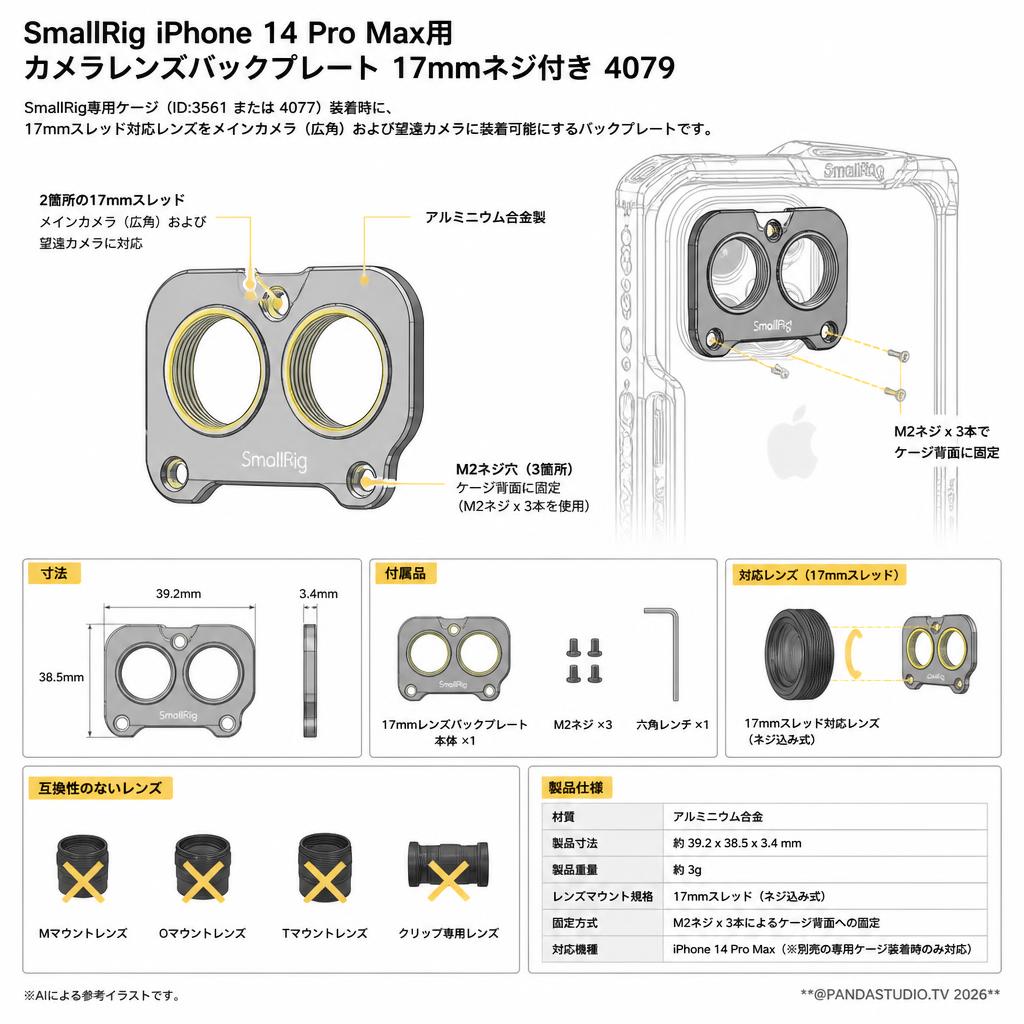SmallRig iPhone 14 Pro Max用カメラレンズバックプレート 17mmネジ付き  4079 スペック