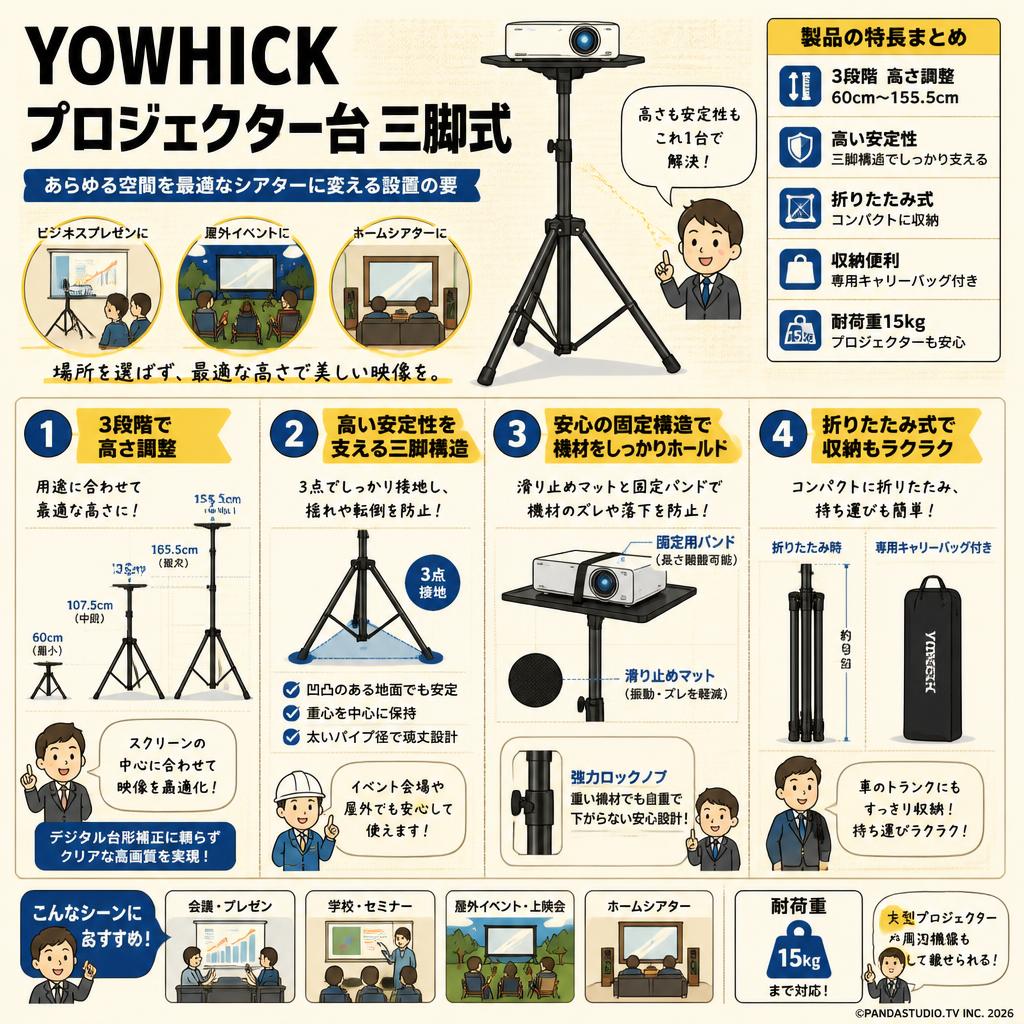 YOWHICK プロジェクター台 三脚式 プロジェクタースタンド 3段階 60cm～155.5cm 高さ調整可能 高い安定性 折りたたみ式 収納便利 耐荷重15kg 概要