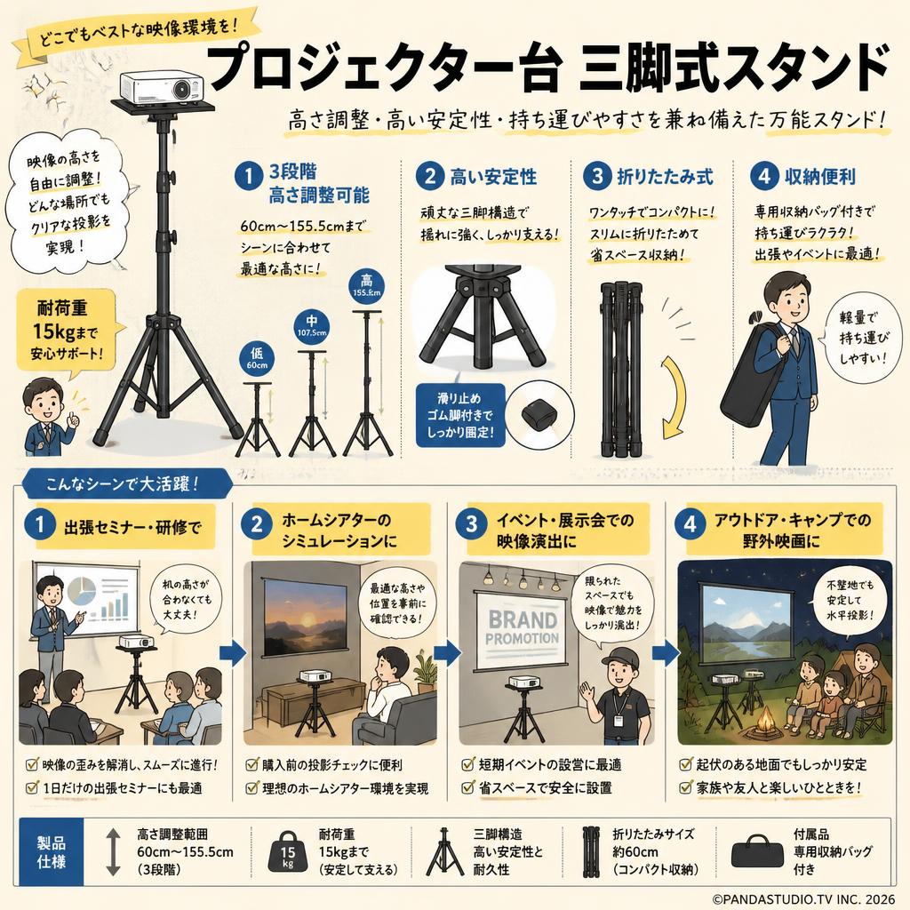 YOWHICK プロジェクター台 三脚式 プロジェクタースタンド 3段階 60cm～155.5cm 高さ調整可能 高い安定性 折りたたみ式 収納便利 耐荷重15kg おもな対象のお客様