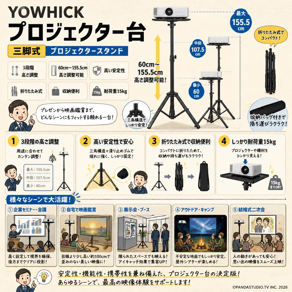 YOWHICK プロジェクター台 三脚式 プロジェクタースタンド 3段階 60cm～155.5cm 高さ調整可能 高い安定性 折りたたみ式 収納便利 耐荷重15kg 用途