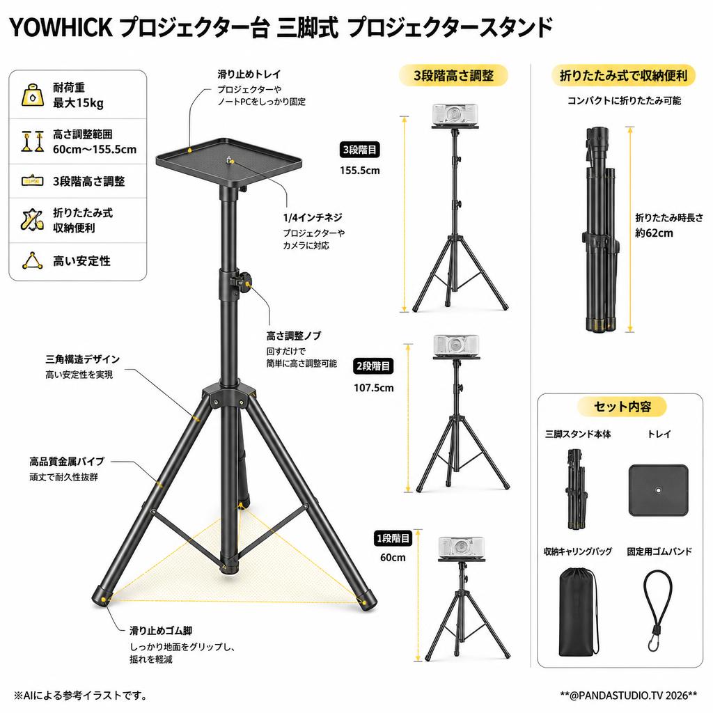 YOWHICK プロジェクター台 三脚式 プロジェクタースタンド 3段階 60cm～155.5cm 高さ調整可能 高い安定性 折りたたみ式 収納便利 耐荷重15kg スペック