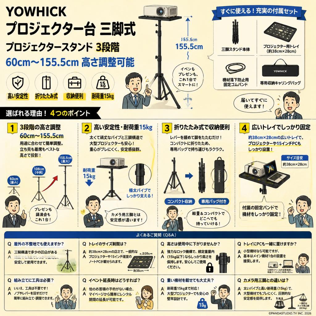 YOWHICK プロジェクター台 三脚式 プロジェクタースタンド 3段階 60cm～155.5cm 高さ調整可能 高い安定性 折りたたみ式 収納便利 耐荷重15kg FAQ（よくある質問と答え）