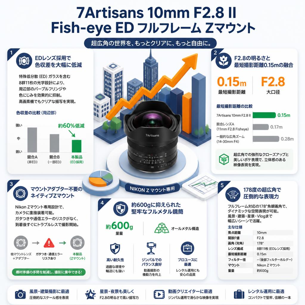 7Artisans 10mm F2.8 II Fish-eye ED フルフレーム Zマウント セールスポイント