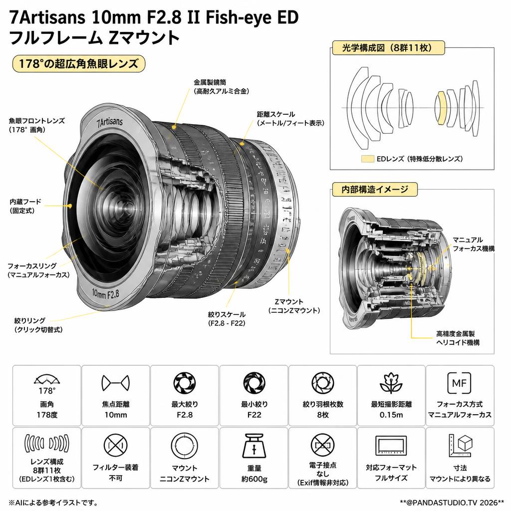 7Artisans 10mm F2.8 II Fish-eye ED フルフレーム Zマウント スペック