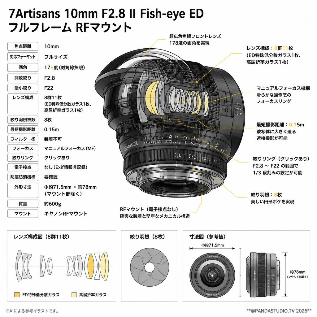 7Artisans 10mm F2.8 II Fish-eye ED フルフレーム RFマウント スペック