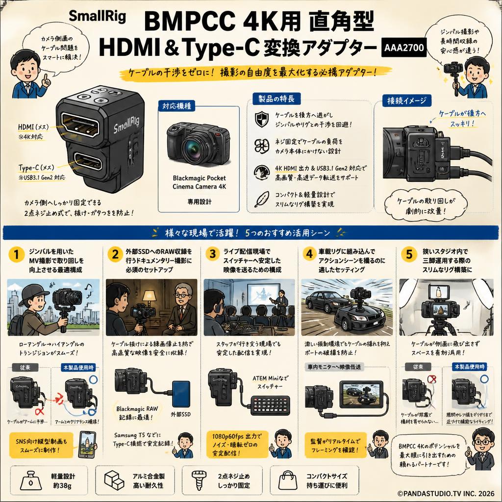 SmallRig BMPCC 4K用直角型HDMI＆Type-C変換アダプター　AAA2700 用途