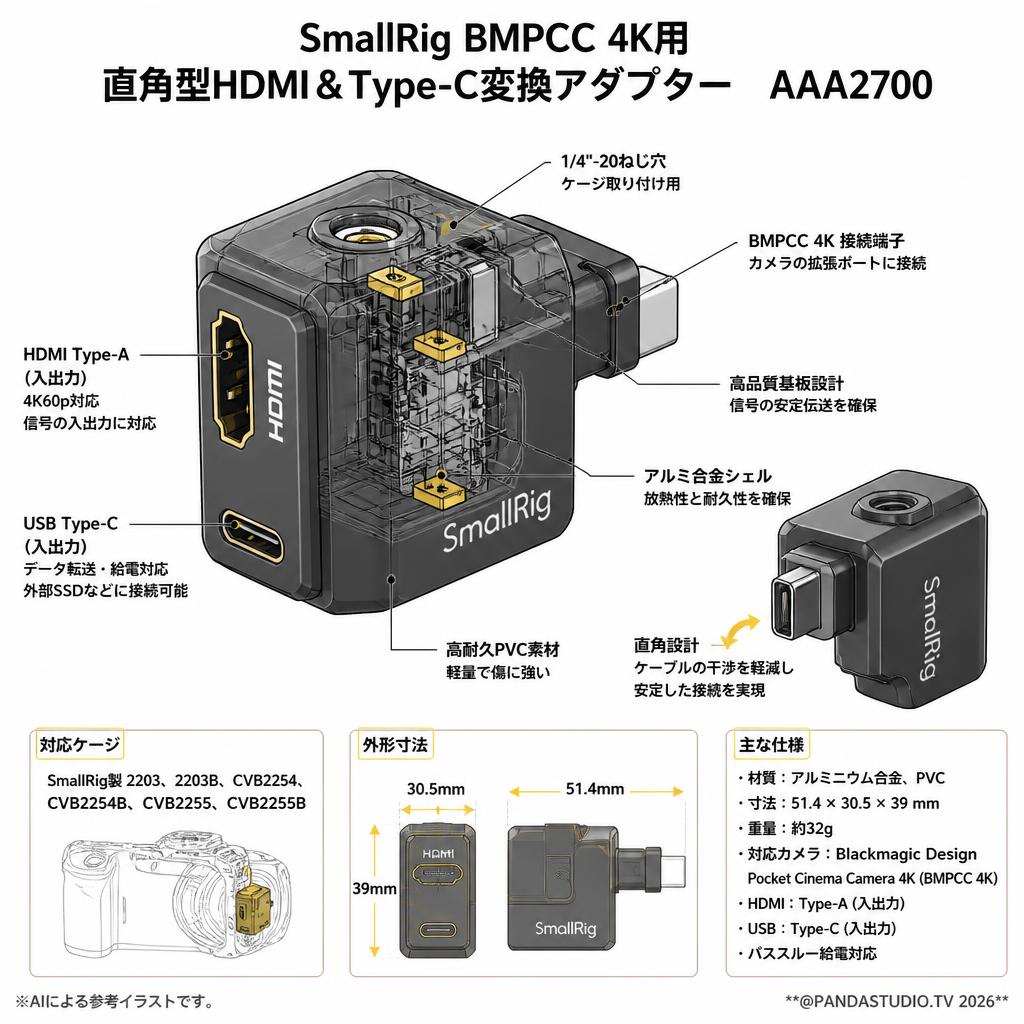 SmallRig BMPCC 4K用直角型HDMI＆Type-C変換アダプター　AAA2700 スペック