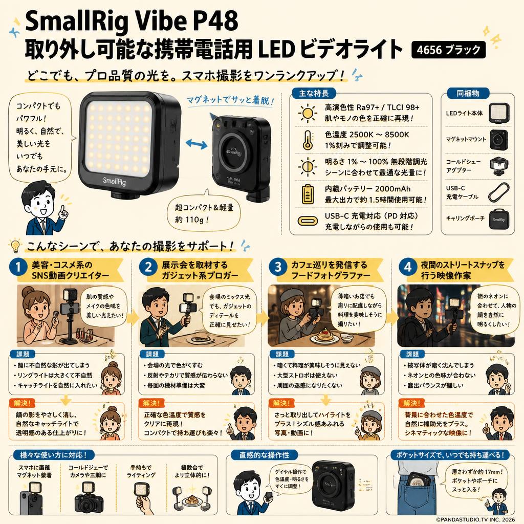 SmallRig Vibe P48 取り外し可能な携帯電話用 LED ビデオライト 4656 ブラック おもな対象のお客様