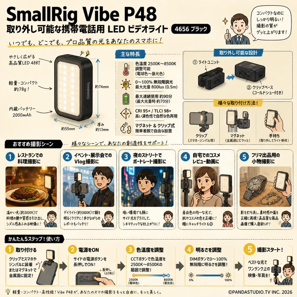 SmallRig Vibe P48 取り外し可能な携帯電話用 LED ビデオライト 4656 ブラック 用途
