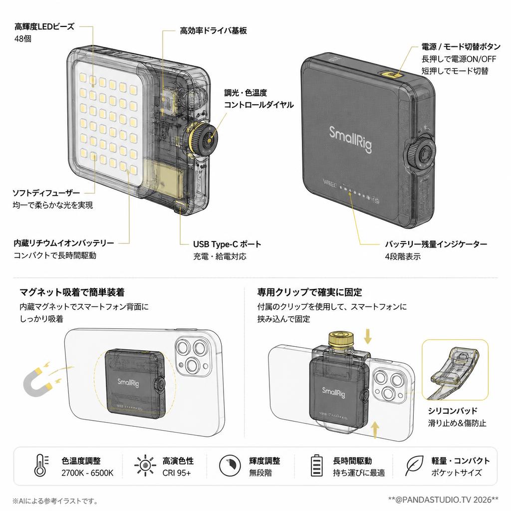 SmallRig Vibe P48 取り外し可能な携帯電話用 LED ビデオライト 4656 ブラック スペック