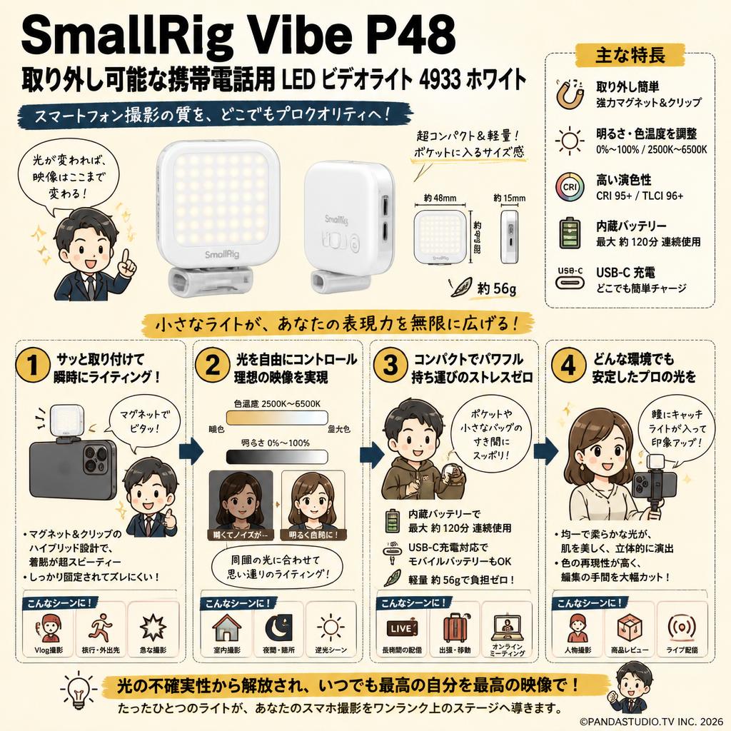 SmallRig Vibe P48 取り外し可能な携帯電話用 LED ビデオライト 4933 ホワイト 概要