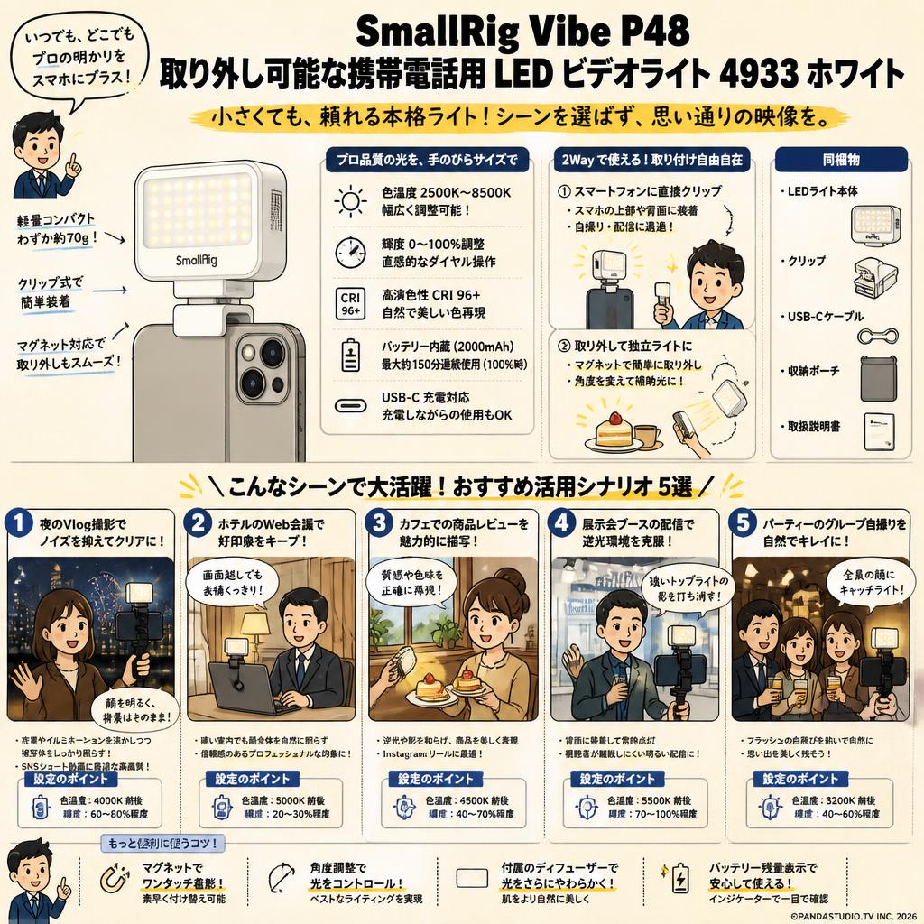 SmallRig Vibe P48 取り外し可能な携帯電話用 LED ビデオライト 4933 ホワイト 用途