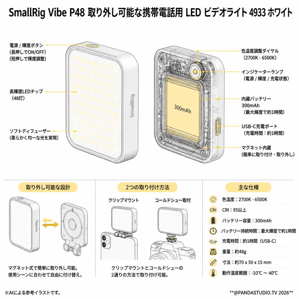 SmallRig Vibe P48 取り外し可能な携帯電話用 LED ビデオライト 4933 ホワイト スペック