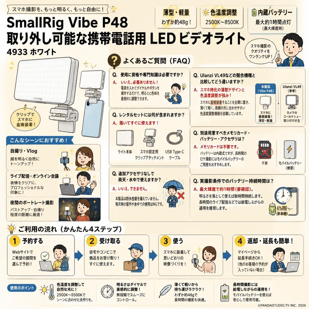 SmallRig Vibe P48 取り外し可能な携帯電話用 LED ビデオライト 4933 ホワイト FAQ（よくある質問と答え）