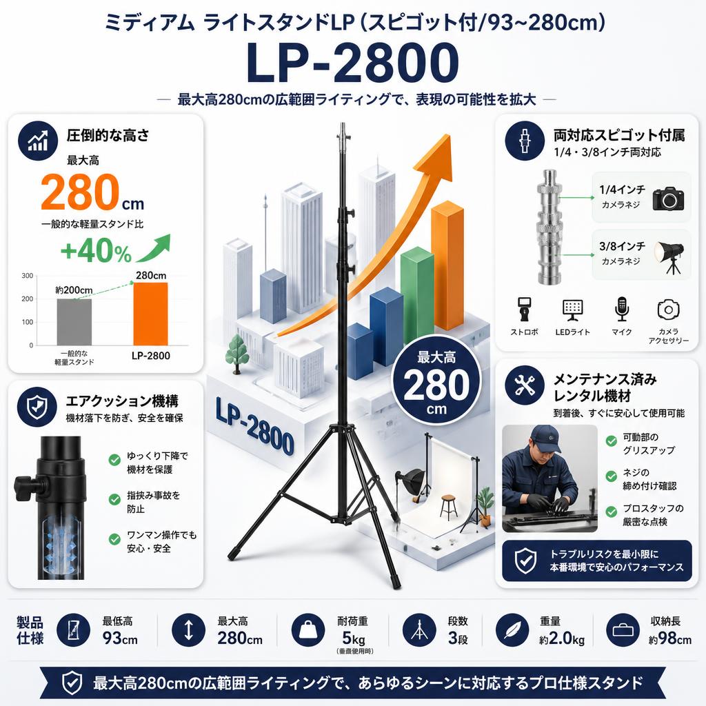 ミディアム ライトスタンドLP (スピゴット付/93~280cm)　LP-2800【PROKIZAI.COM】 セールスポイント