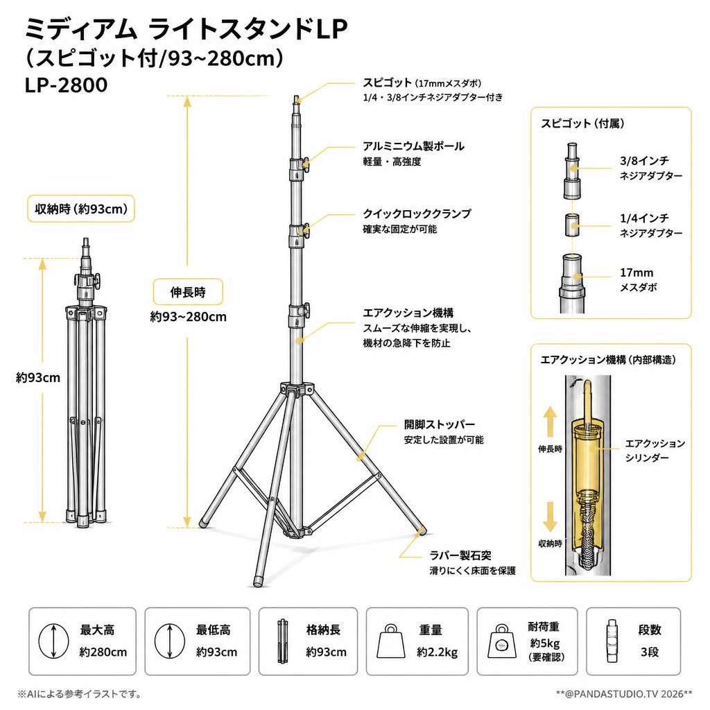 ミディアム ライトスタンドLP (スピゴット付/93~280cm)　LP-2800【PROKIZAI.COM】 スペック