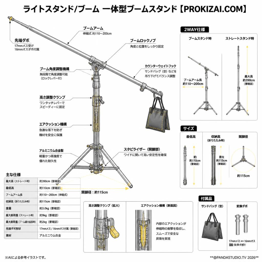 ライトスタンド/ブーム 一体型ブームスタンド【PROKIZAI.COM】 スペック