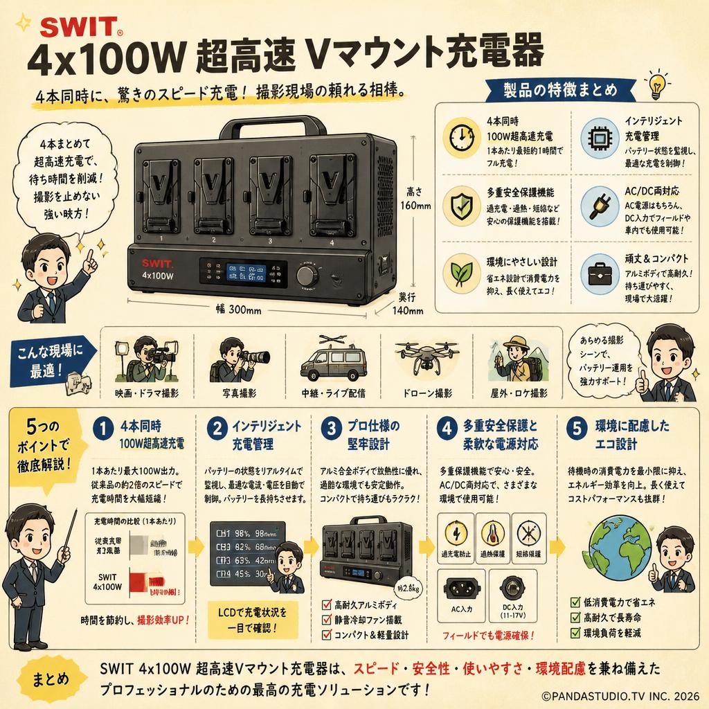 SWIT 4x100W 超高速 Vマウント充電器 概要