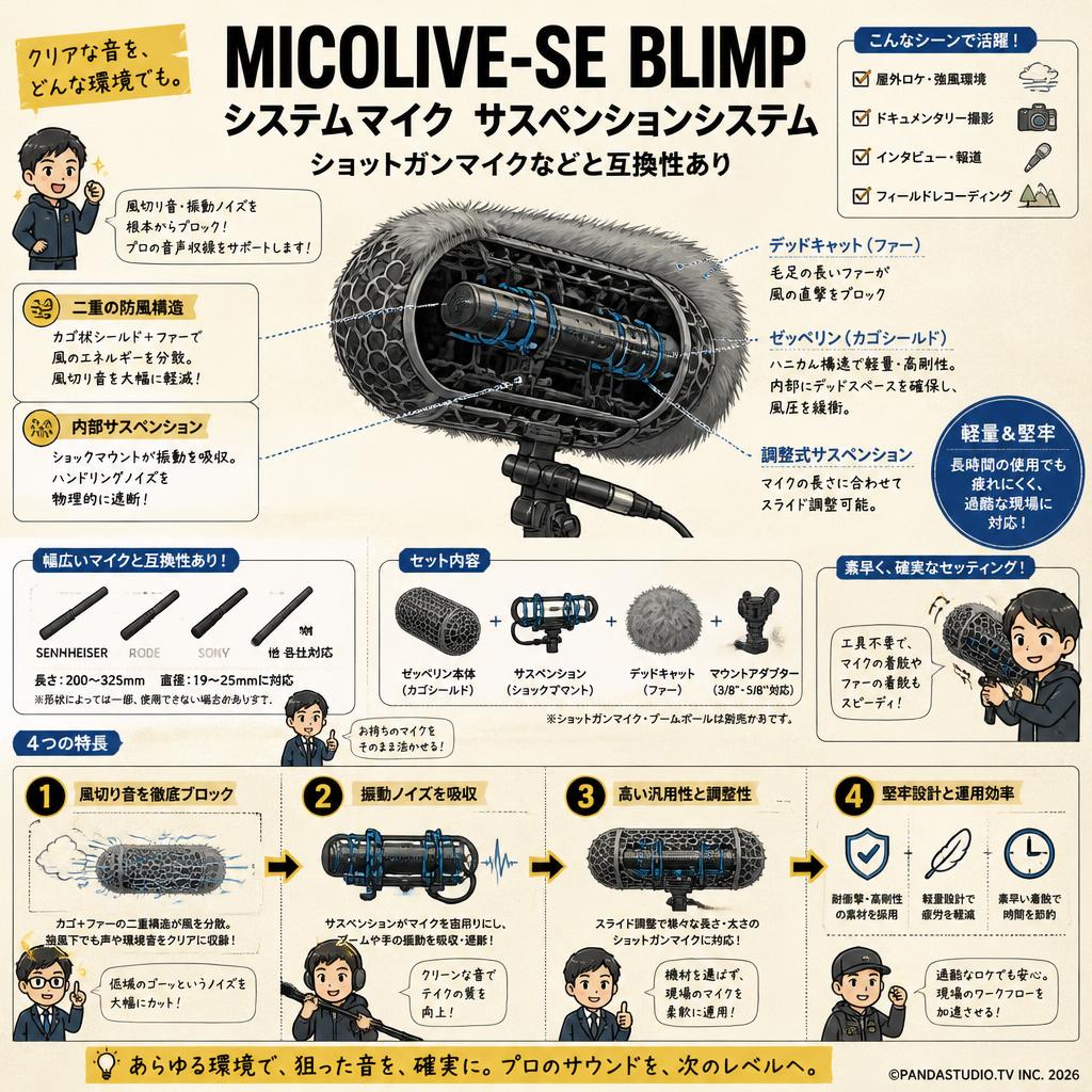 MICOLIVE-SE BLIMP システムマイク サスペンションシステム ショットガンマイクなどと互換性あり 概要