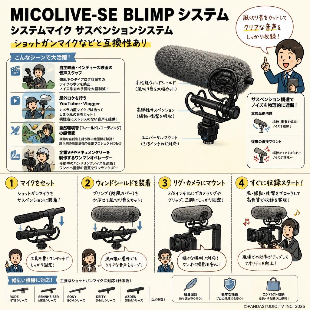 MICOLIVE-SE BLIMP システムマイク サスペンションシステム ショットガンマイクなどと互換性あり おもな対象のお客様