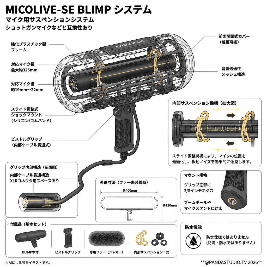 MICOLIVE-SE BLIMP システムマイク サスペンションシステム ショットガンマイクなどと互換性あり スペック