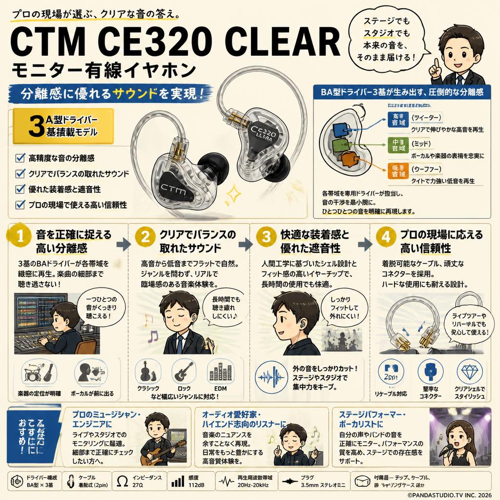 CTM CE320 CLEAR In-Ear モニター有線イヤホン 【分離感に優れる サウンドを実現 / BA型ドライバー3基搭載モデル ）】 おもな対象のお客様