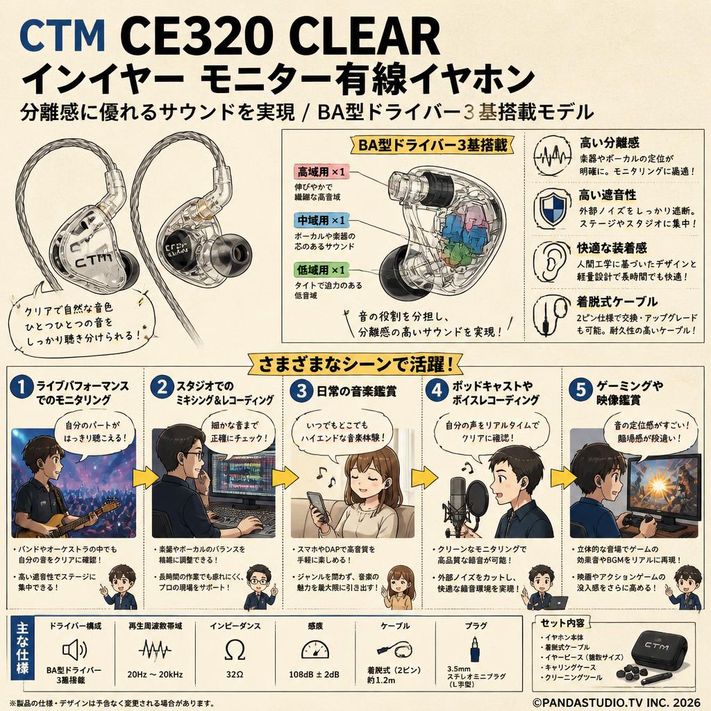 CTM CE320 CLEAR In-Ear モニター有線イヤホン 【分離感に優れる サウンドを実現 / BA型ドライバー3基搭載モデル ）】 用途