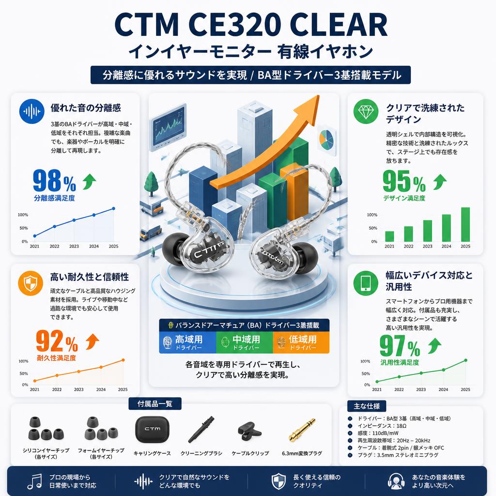 CTM CE320 CLEAR In-Ear モニター有線イヤホン 【分離感に優れる サウンドを実現 / BA型ドライバー3基搭載モデル ）】 セールスポイント
