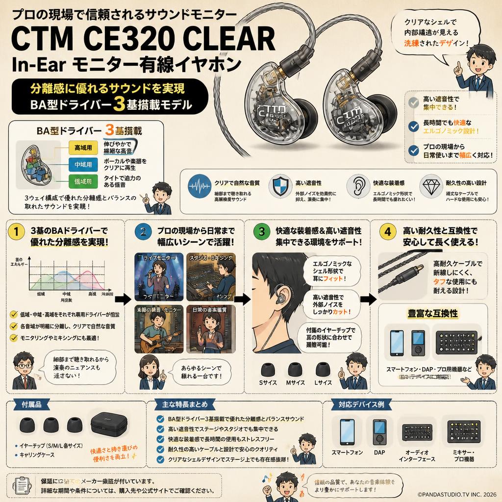 CTM CE320 CLEAR In-Ear モニター有線イヤホン 【分離感に優れる サウンドを実現 / BA型ドライバー3基搭載モデル ）】 FAQ（よくある質問と答え）