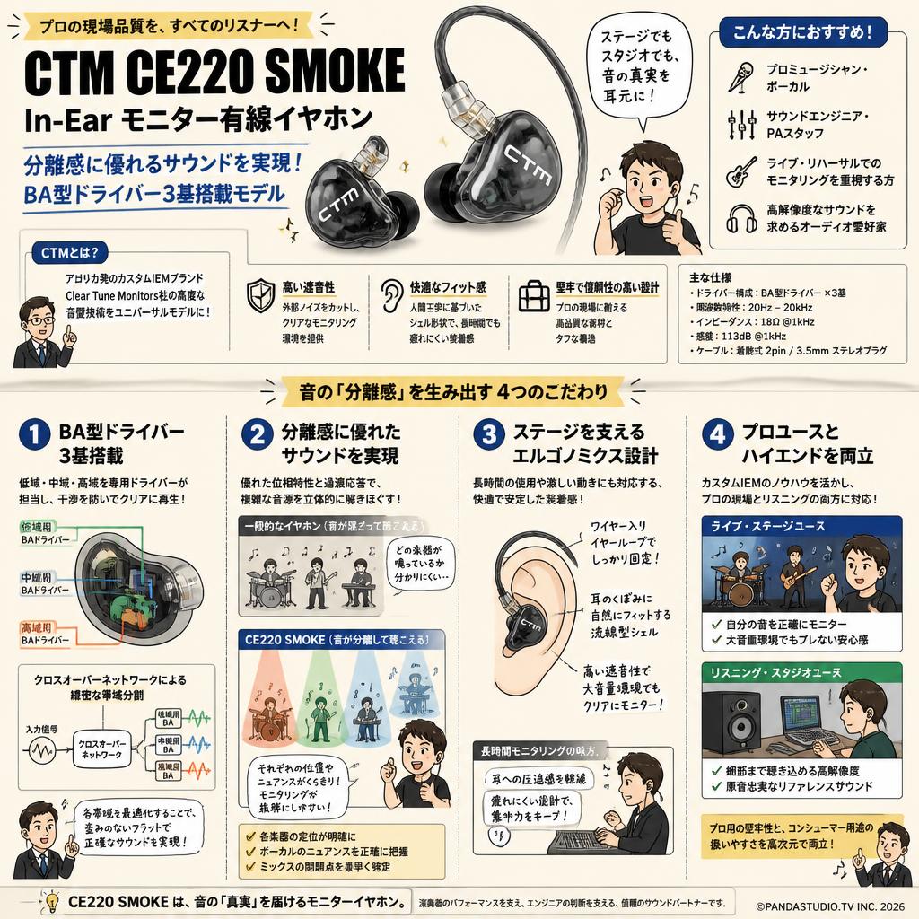 CTM CE220 SMOKE In-Ear モニター有線イヤホン 【分離感に優れる サウンドを実現 / BA型ドライバー3基搭載モデル ）】 概要