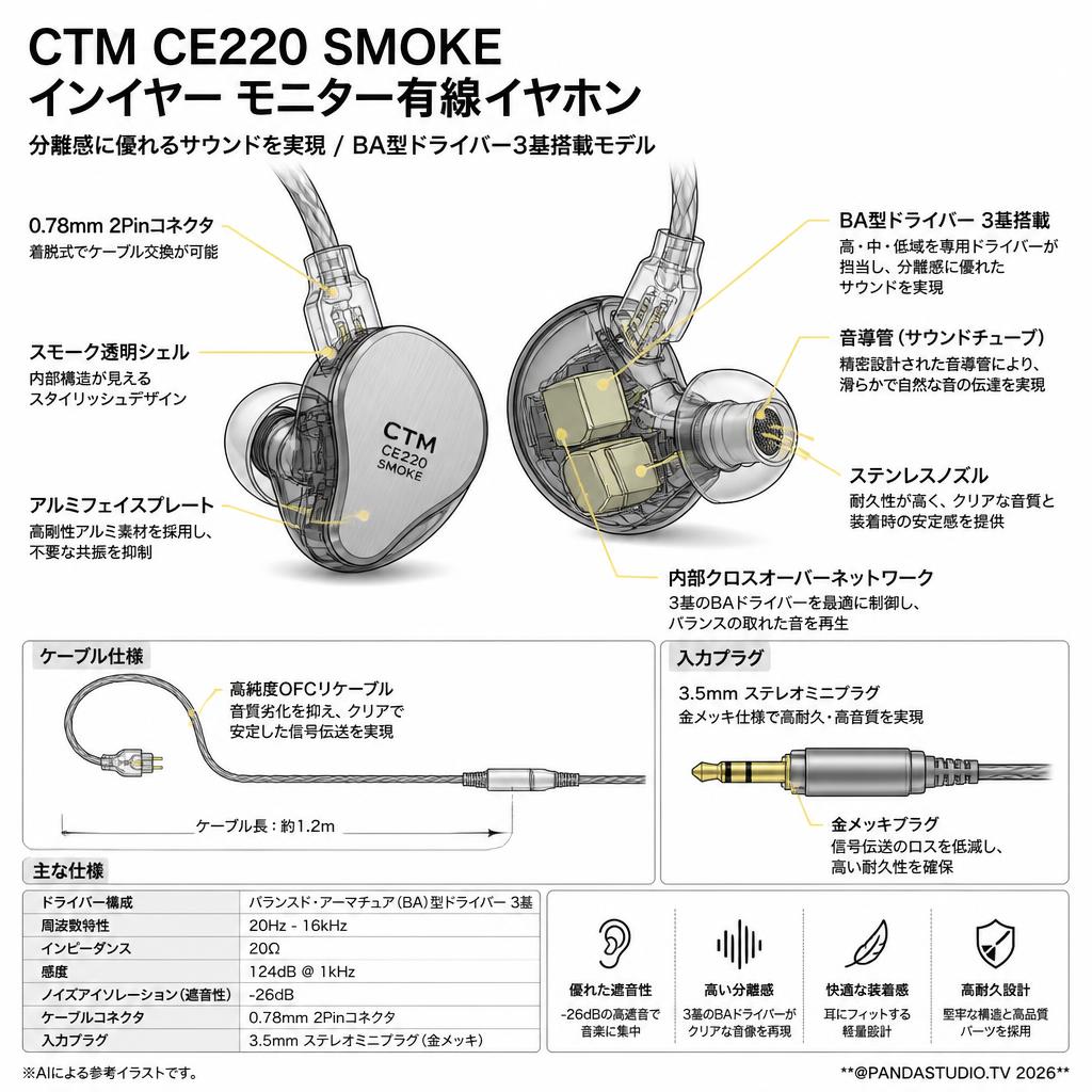 CTM CE220 SMOKE In-Ear モニター有線イヤホン 【分離感に優れる サウンドを実現 / BA型ドライバー3基搭載モデル ）】 スペック
