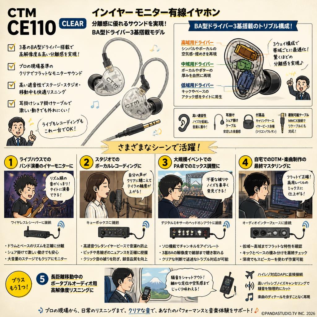 CTM CE110 CLEAR In-Ear モニター有線イヤホン 【分離感に優れる サウンドを実現 / BA型ドライバー3基搭載モデル ）】 用途