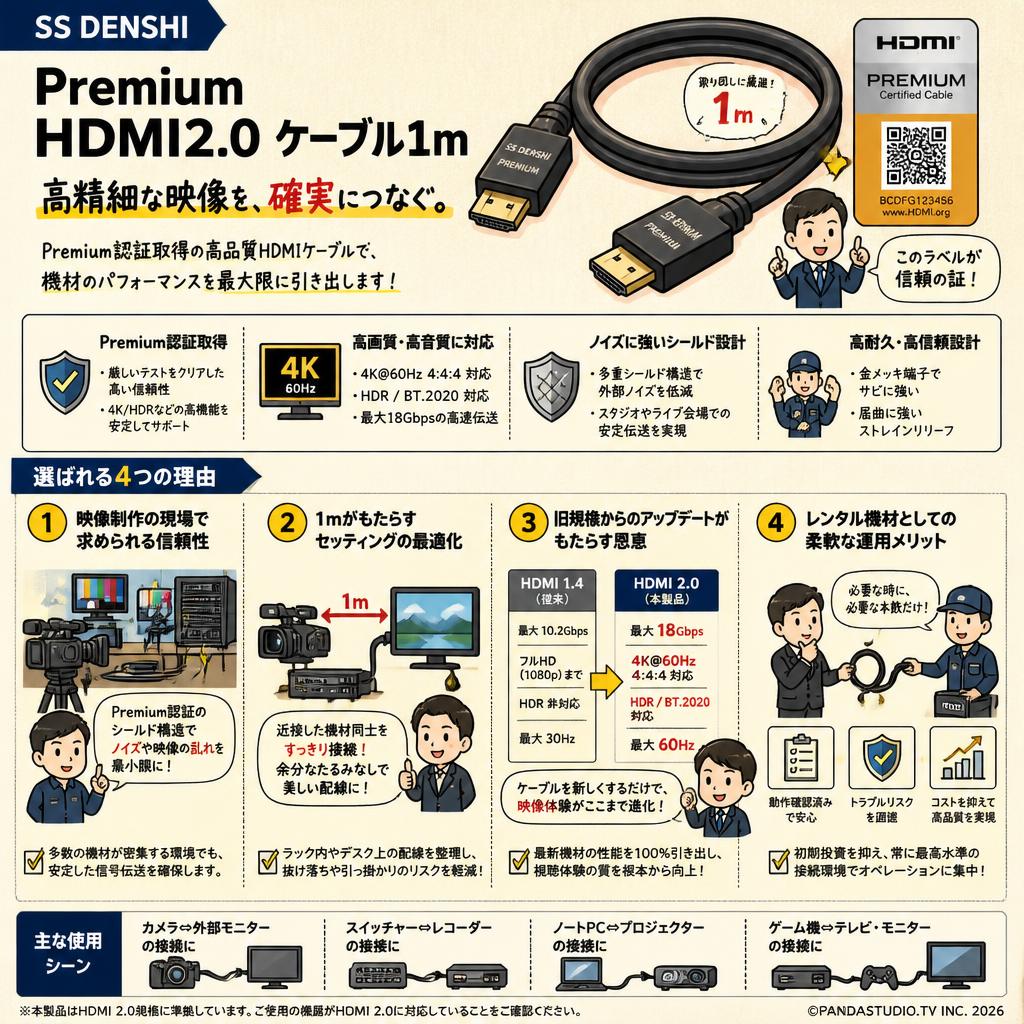 SS DENSHI Premium high speed HDMI2.0 ケーブル1m 概要