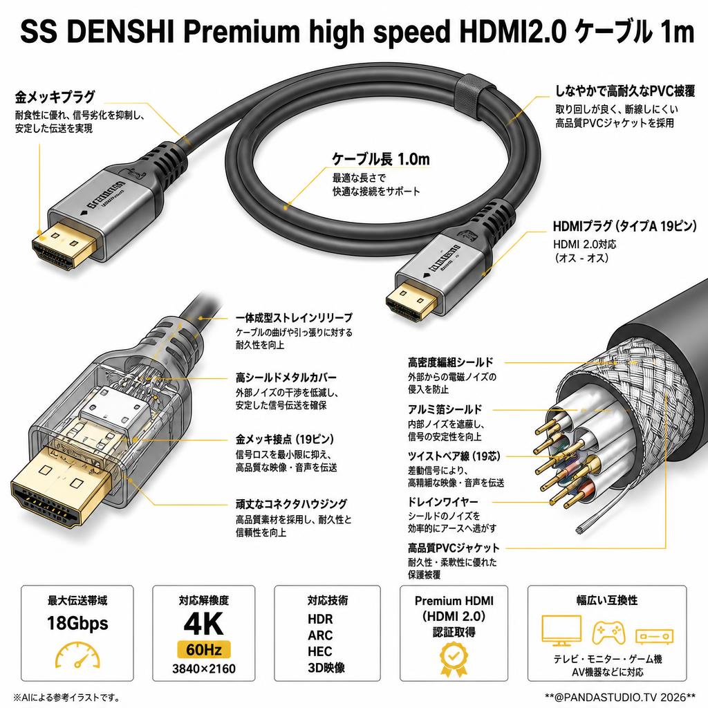 SS DENSHI Premium high speed HDMI2.0 ケーブル1m スペック