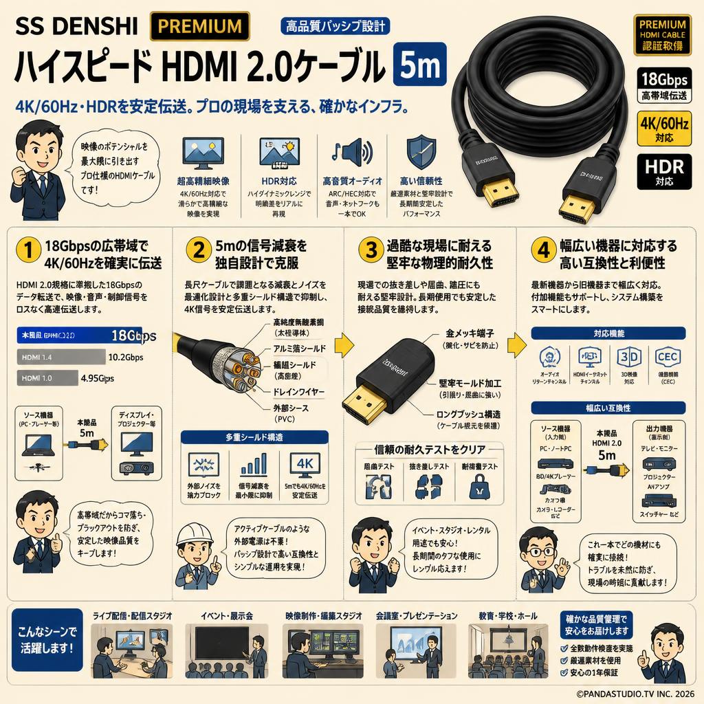 SS DENSHI Premium high speed HDMI 2.0ケーブル 5m 概要