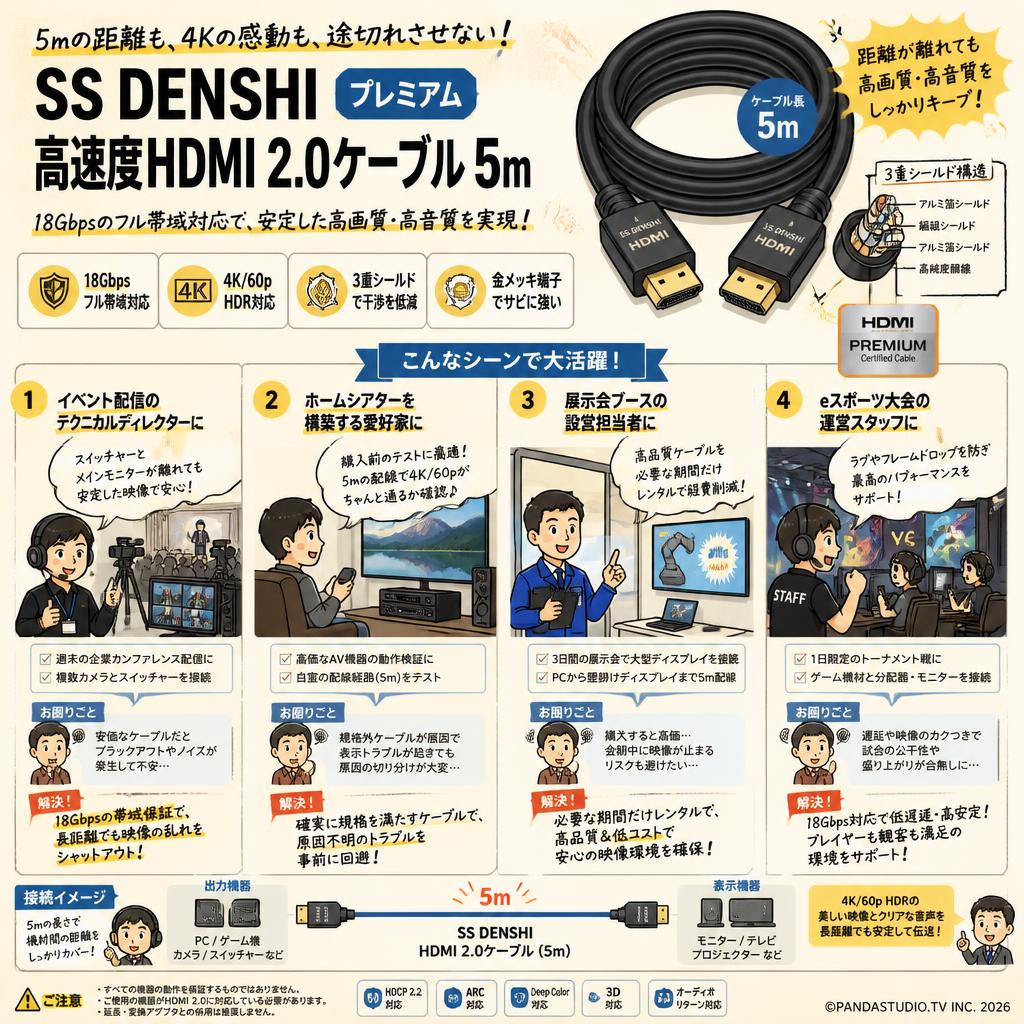 SS DENSHI Premium high speed HDMI 2.0ケーブル 5m おもな対象のお客様