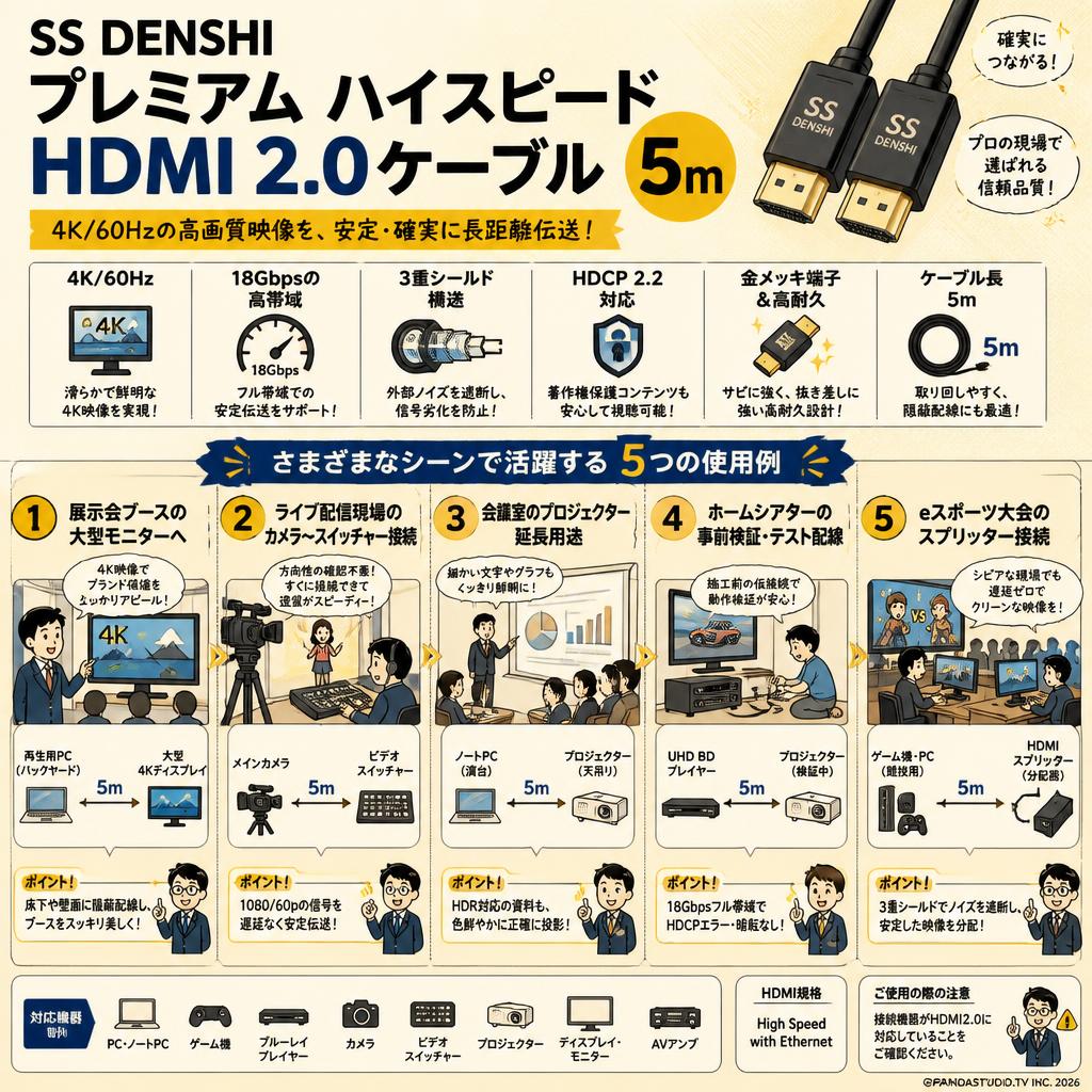 SS DENSHI Premium high speed HDMI 2.0ケーブル 5m 用途