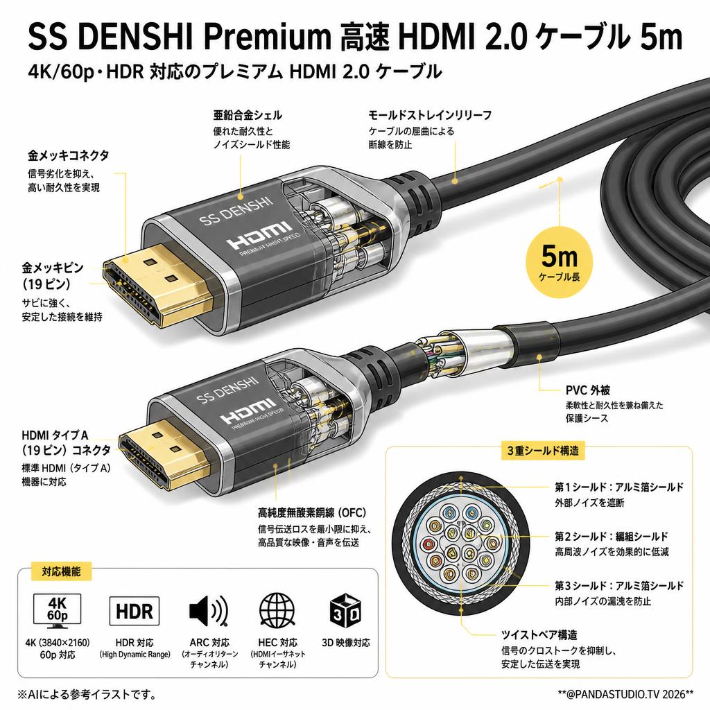 SS DENSHI Premium high speed HDMI 2.0ケーブル 5m スペック
