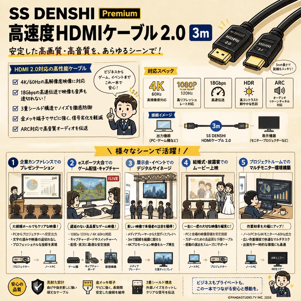 SS DENSHI Premium high speed HDMIケーブル 2.0 3m 用途