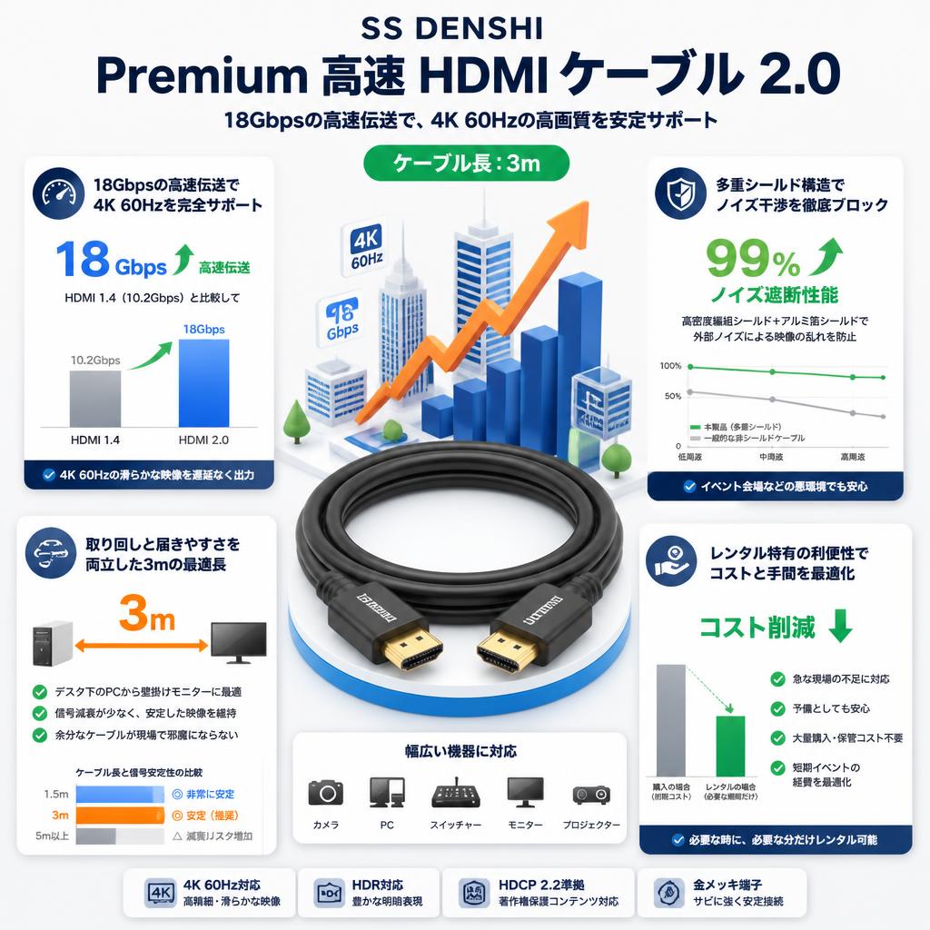 SS DENSHI Premium high speed HDMIケーブル 2.0 3m セールスポイント