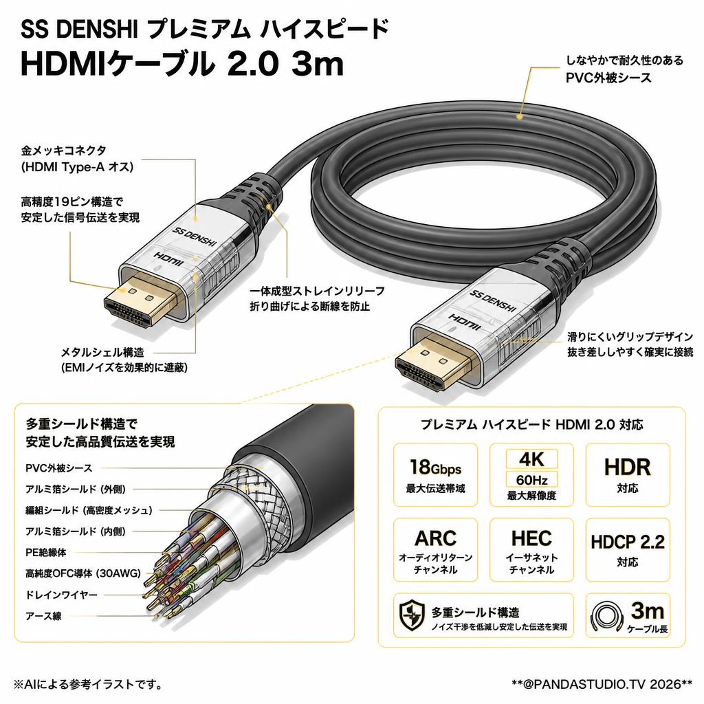 SS DENSHI Premium high speed HDMIケーブル 2.0 3m スペック