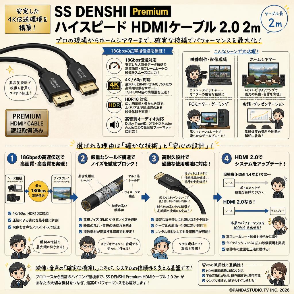 SS DENSHI Premium high speed HDMIケーブル 2.0 2m 概要