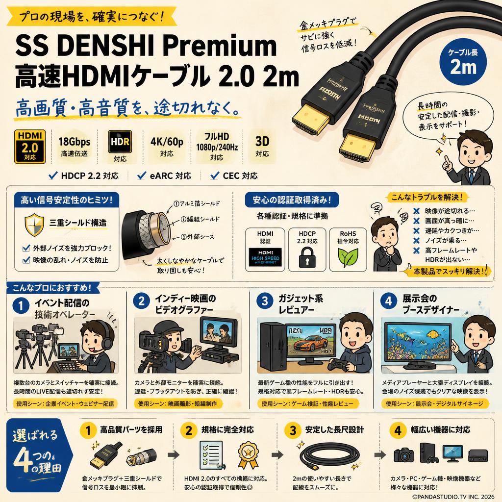 SS DENSHI Premium high speed HDMIケーブル 2.0 2m おもな対象のお客様