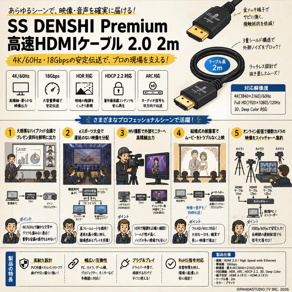 SS DENSHI Premium high speed HDMIケーブル 2.0 2m 用途